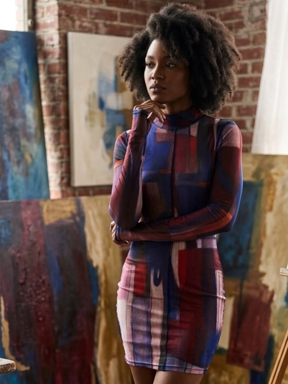 Multicolor Abstract Print Long Sleeve Mini shift Dress Extra SMALL - Picture 4 of 9